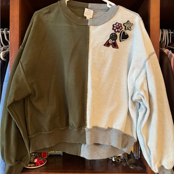 Cinq a Sept Bryan patchwork sweatshirt. Size M. Half grey half army green. - Picture 1 of 4